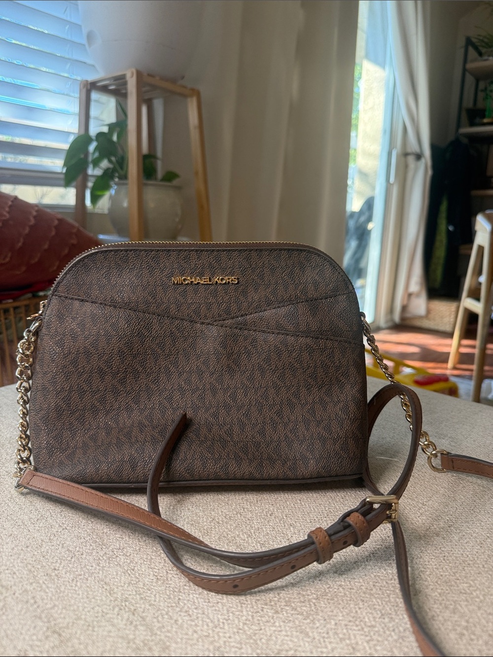Michael Kors Jet Set Travel Dome Crossbody Brown Monogram